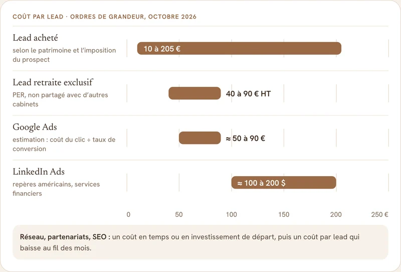 Graphique du coût par lead CGP par canal en 2026 : lead acheté 10 à 205 €, lead retraite exclusif 40 à 90 € HT, Google Ads environ 50 à 90 €, LinkedIn Ads environ 100 à 200 $
